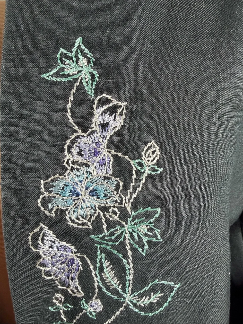 David N Black Linen Blend Embroidered Duster Jacket Size 12 Floral Open Front